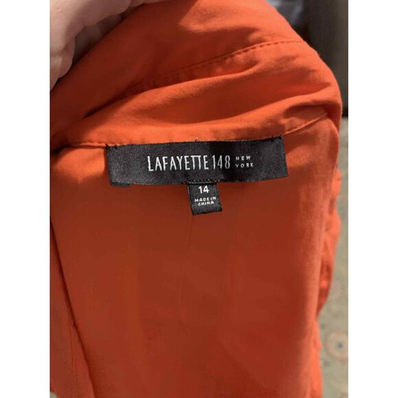 Lafayette 148 Cotton Blend Orange Pleated Short Sleeve Button Down Blouse, 14 - Picture 5 of 5
